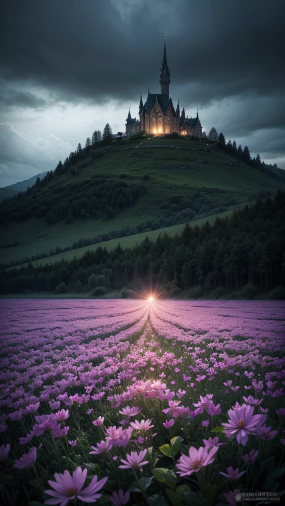 Magic, landscape, mysterious, bright, Gloomy, Complex, bloom, Gloomy. Huge, grow, God's Rays, storm, lightning, Mountain々, valley, rock, wood, Flowers, lake