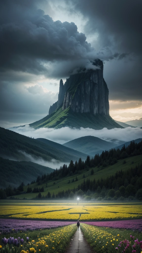 Magic, landscape, mysterious, bright, Gloomy, Complex, bloom, Gloomy. Huge, grow, God's Rays, storm, lightning, Mountain々, valley, rock, wood, Flowers, lake