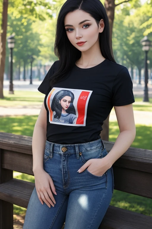 ((best quality)), ((masterpiece)), (detailed), Beautiful black haired russian woman, wearing short sleeves black printed t-shirt  and blue jeans , in park