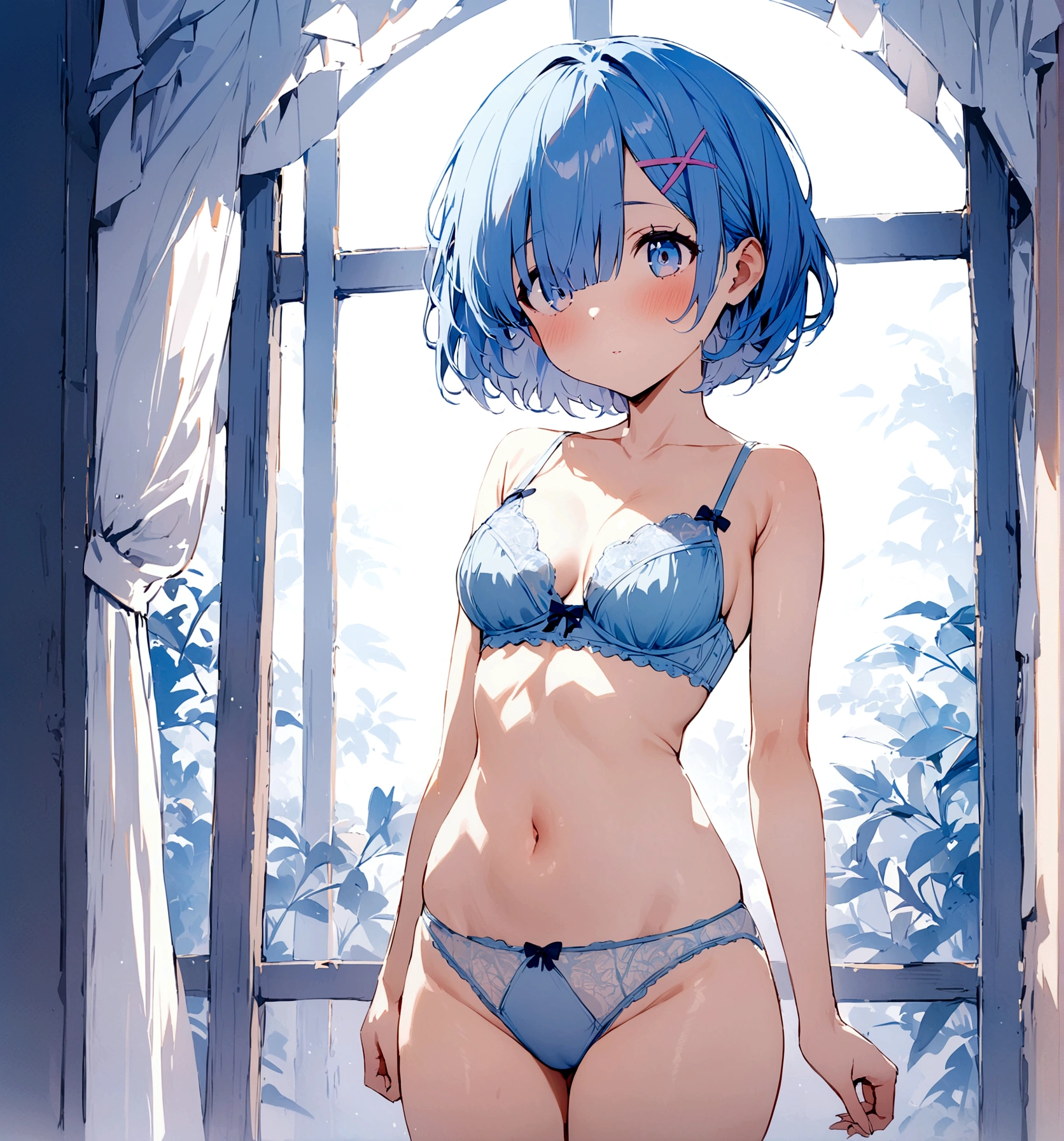 masterpiece, Highest quality, Rem, One Girl, Light blue lace bra,Light blue lace panties,Beautiful Eyes,Blue Hair,Are standing