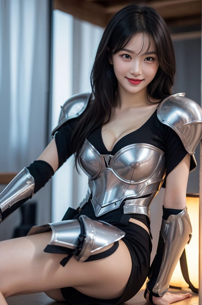 Best quality at best，tmasterpiece，Ultra-high resolution，（Reality:1.4），Detailed details,1girll,Combat posture,cleavage，a beauty girl，mechs，A mechanical，ellegance，Clear focus，gentlesoftlighting，vivd colour，tmasterpiece，cute ass, sexy pose, smile, behind, colorful armor