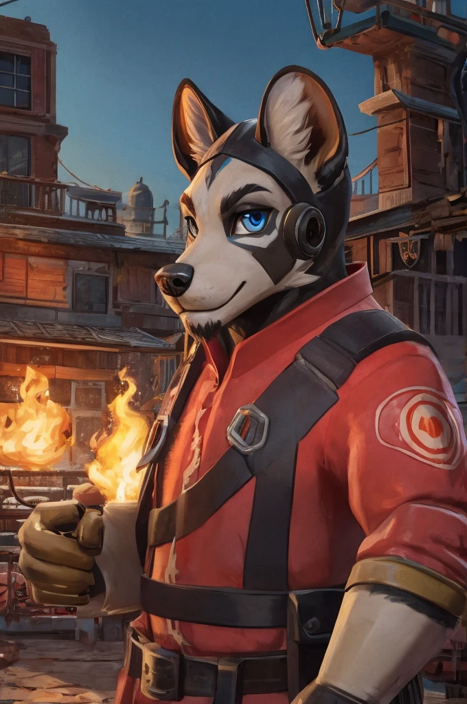 hyena, scruffy fringe, navy blue collar, blue eyes, good eyes, team fortress 2 style, dressed as pyro form team fortress 2