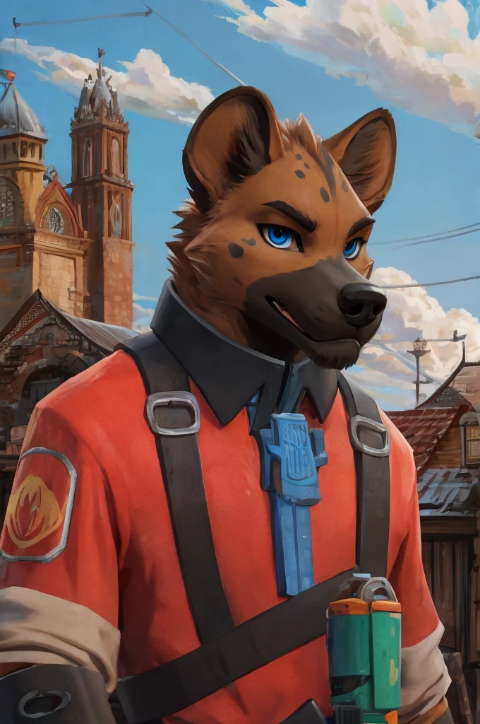 hyena, scruffy fringe, navy blue collar, blue eyes, good eyes, team fortress 2 style, dressed as pyro form team fortress 2