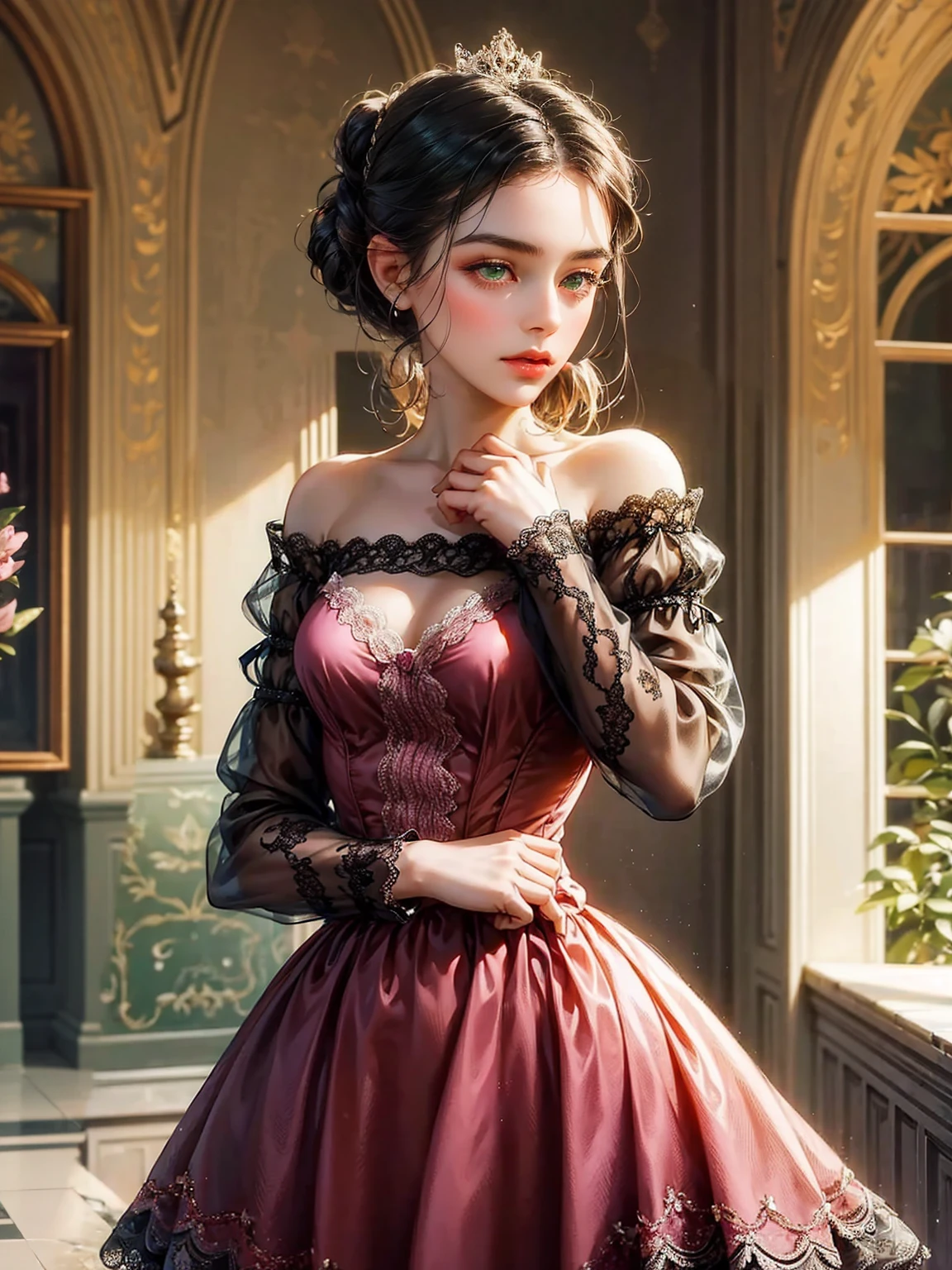 The girl has small breast. She wears a low-cut dress. She wears a pink dress from the Victorian era. Background inside of a hall