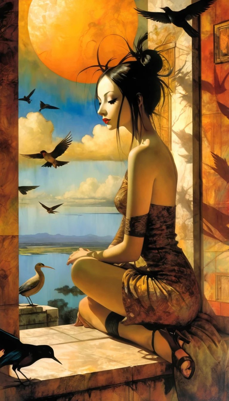large open terrace overlooking a beautiful lake with dream houses, a sexy girl relaxes on the terrace, landscape, clouds, birds, sunset (art inspired by Bill Sienkiewicz). oil painting) (best quality,4k,8k,highres,masterpiece:1.2),ultra-detailed,(realistic,photorealistic,photo-realistic:1.37),intricate details,vivid colors,sharp focus,professional,Dave McKean artwork, oil touch of surrealism,oil painting style