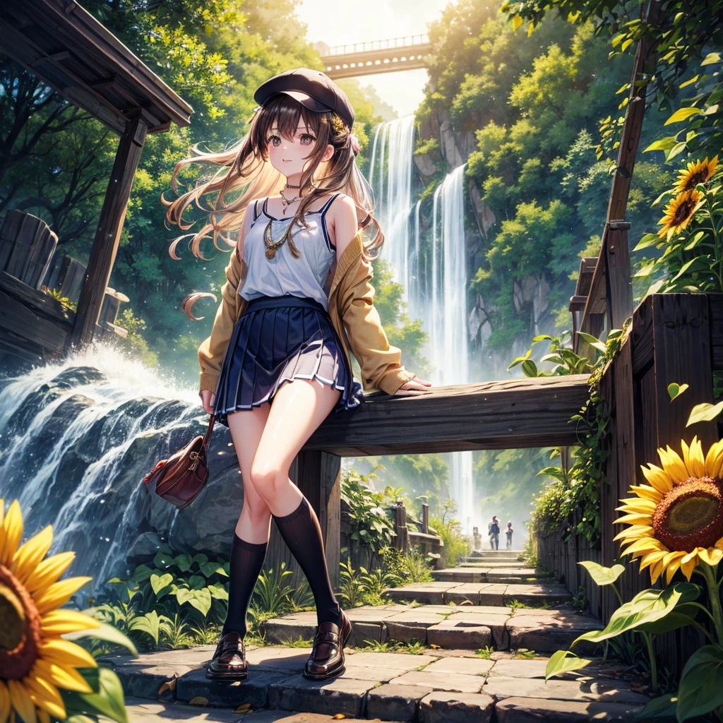 Red, brown, gold, gold hair、Golden Eyes、Hair tied up、One good looking girl、solo、anime、Checkered mini skirt、Ruffles on the skirt、camisole、Lightweight cardigan、school uniform、Black knee-high socks、Wearing a baseball cap、Ribbon、Ribbon on waist、Teeth are visible、Silver coin necklace、From above、Sunflower Tunnel、Cobblestones、waterfall、Have sunflowers、Starry Sky、Midnight Moon、Winding Road、Unlocking、suspension bridge、Soap bubbles are flying