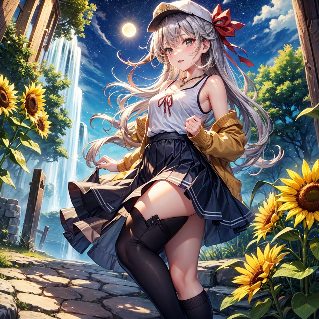 Red, brown, gold, gold hair、Golden Eyes、Hair tied up、One good looking girl、solo、anime、Checkered mini skirt、Ruffles on the skirt、camisole、Lightweight cardigan、school uniform、Black knee-high socks、Wearing a baseball cap、Ribbon、Ribbon on waist、Teeth are visible、Silver coin necklace、From above、Sunflower Tunnel、Cobblestones、waterfall、Have sunflowers、Starry Sky、Midnight Moon、Winding Road、Unlocking、suspension bridge、Soap bubbles are flying