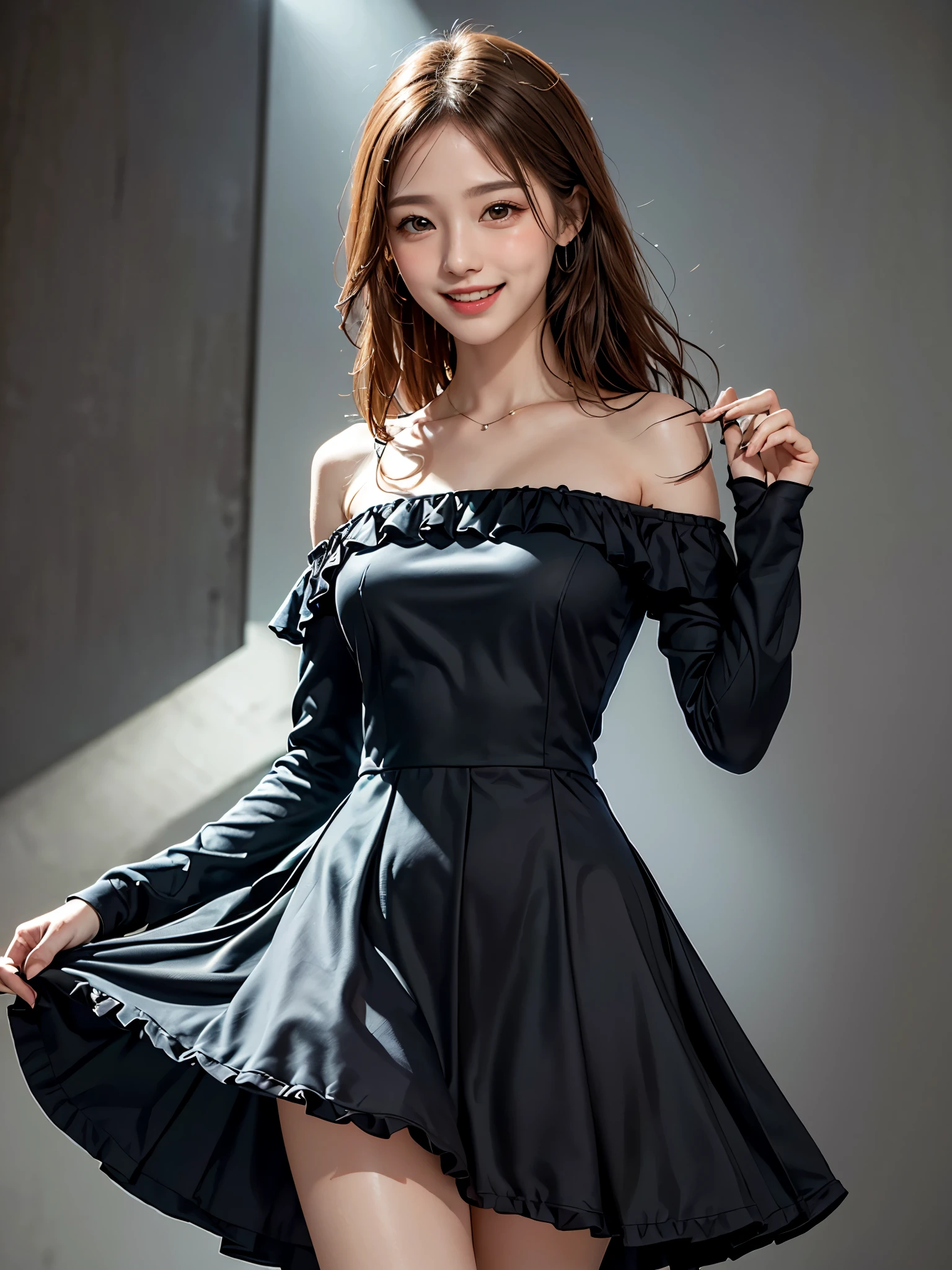 It has many layers of ruffles、Gothic Dress、Wearing a colorful, highly detailed, extravagant, long skirt dress with lots of frills, Highest quality, masterpiece, Ultra-high resolution, (Realistic:1.4), RAW Photos, One Girl, Off the shoulder, In the Dark, Spotlight light, Deep Shadow, Moderate, whole body, 20-year-old, Cute face, Open your mouth、Look at this and laugh、smile、Cute pose