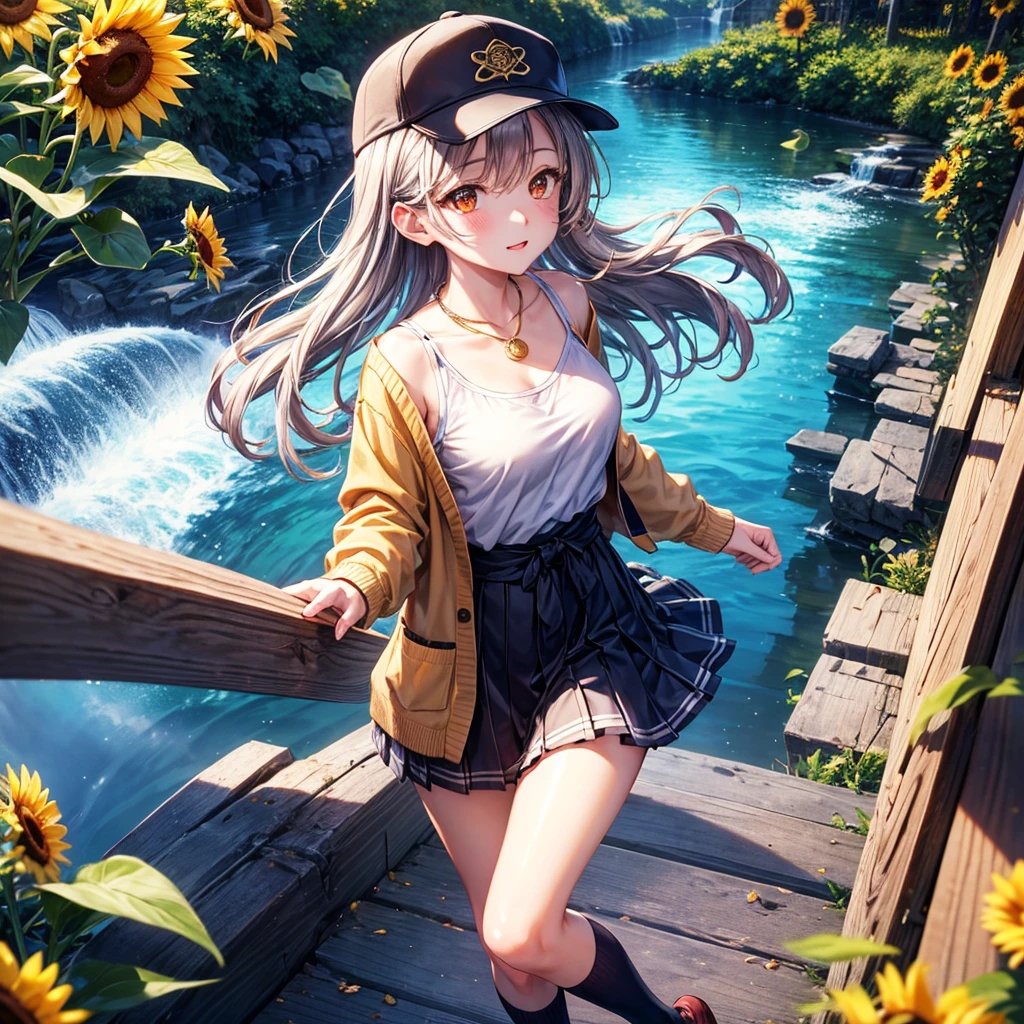 Red, brown, gold, gold hair、Golden Eyes、Hair tied up、One good looking girl、solo、anime、Checkered mini skirt、Ruffles on the skirt、camisole、Lightweight cardigan、school uniform、Black knee-high socks、Wearing a baseball cap、Ribbon、Ribbon on waist、Teeth are visible、Silver coin necklace、From above、Sunflower Tunnel、Cobblestones、waterfall、Have sunflowers、Starry Sky、Midnight Moon、Winding Road、Unlocking、suspension bridge、Soap bubbles are flying