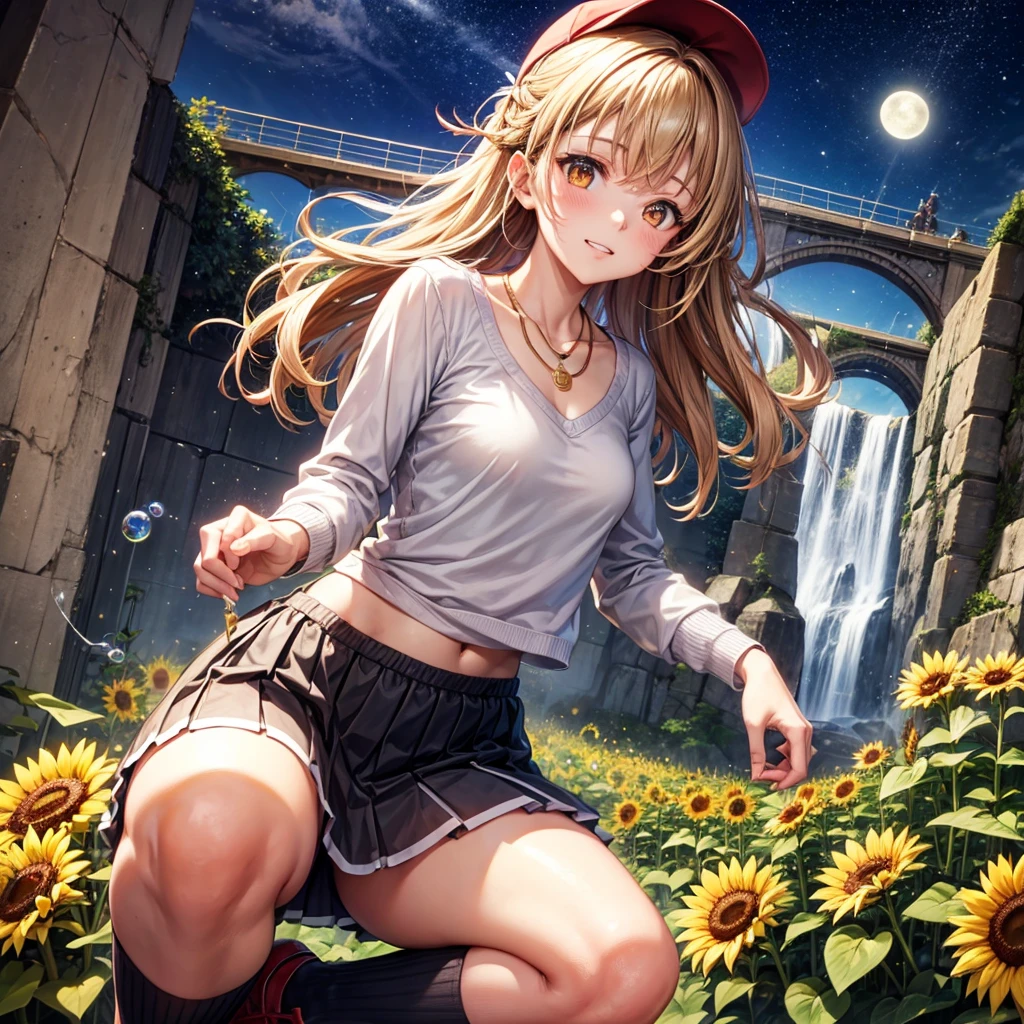 Red, brown, gold, gold hair、Golden Eyes、Hair tied up、One good looking girl、solo、anime、Checkered mini skirt、Ruffles on the skirt、camisole、Lightweight cardigan、school uniform、Black knee-high socks、Wearing a baseball cap、Ribbon、Ribbon on waist、Teeth are visible、Silver coin necklace、From above、Sunflower Tunnel、Cobblestones、waterfall、Have sunflowers、Starry Sky、Midnight Moon、Winding Road、Unlocking、suspension bridge、Soap bubbles are flying