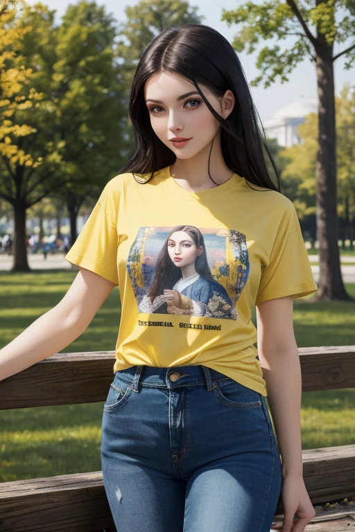 ((best quality)), ((masterpiece)), (detailed), Beautiful black haired russian woman, wearing short sleeves yellow printed t-shirt and blue jeans , in park