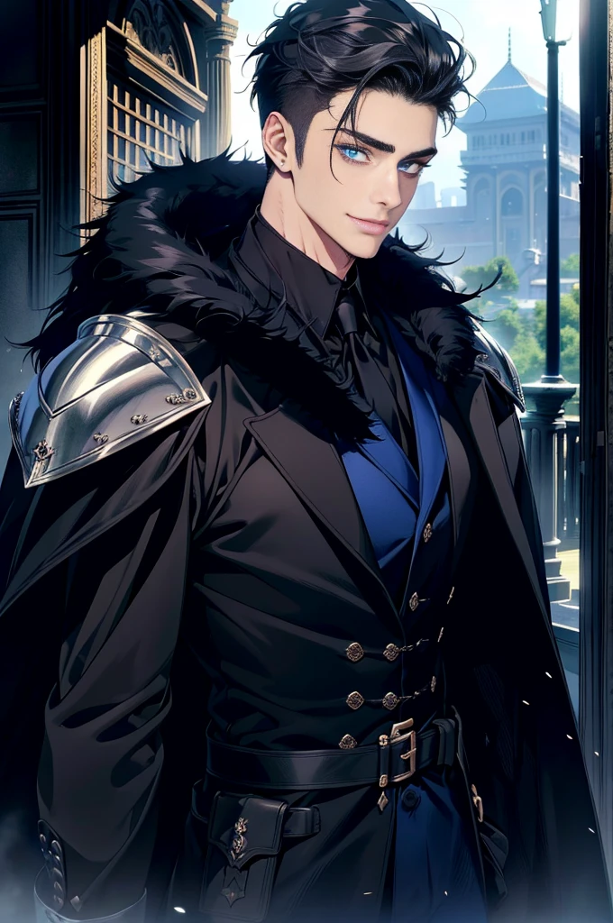 Masterpiece, Highest quality, realistic, 1 person, mature man, A quiet and charming young man, 30 years old, smile, gag, Portrait, Highly detailed face, 寒さとsmile, ((blue eyes)), ((black short hair)), [Thick eyebrows], dark palace, ((black long coat)), ((all black)), (blue eyes) ,Short Black Quiff Hair with Soft Fringe, handsome , muscle, Facial expressions, Black Knight Armor , black fur shawl(Masterpiece,best quality,special, (Broad shoulders)) (muscle), male focus, holding a long sword