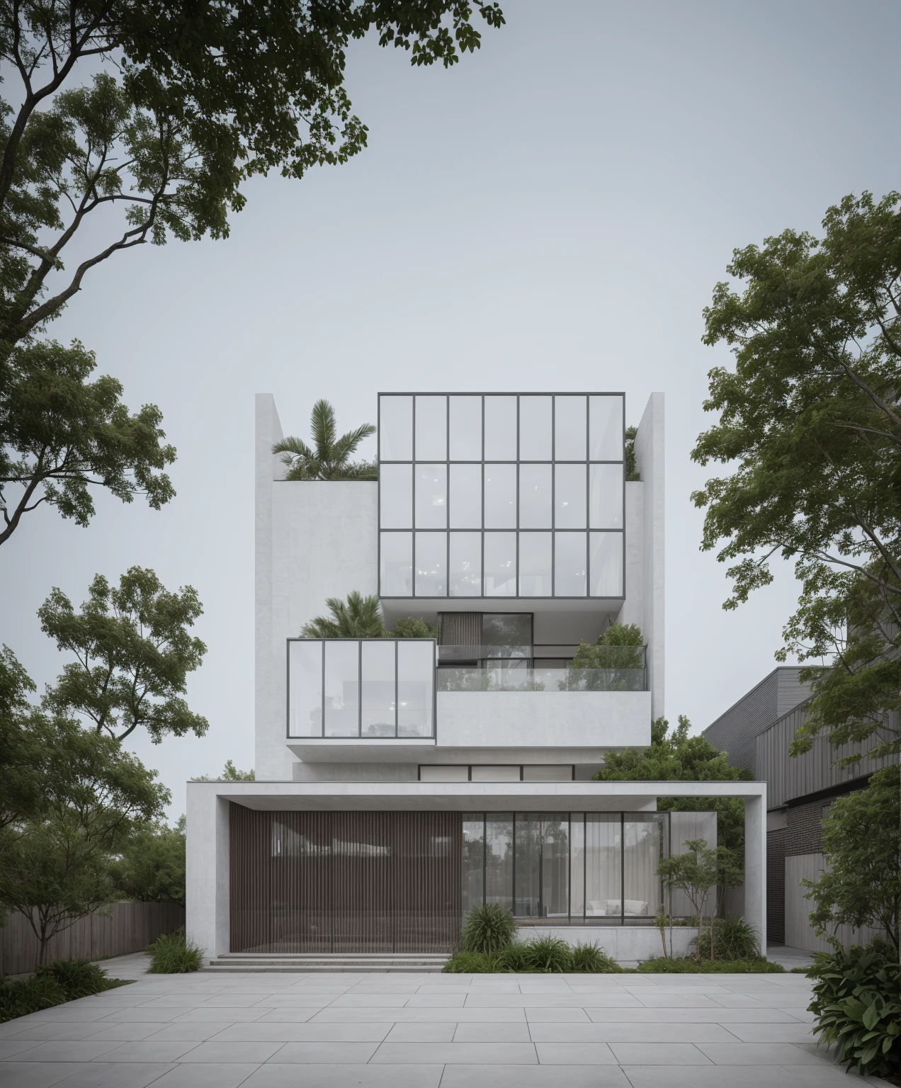 RAW photo, Exterior of two story white modern house, road, ((sidewalk)), ((sidewalk trees)), residences area, dawn time, overcast, fog, tropical trees and plants, (high detailed:1.2), 8k uhd, dslr, soft lighting, high quality, film grain, Fujifilm XT3, (sharpen:1.5)