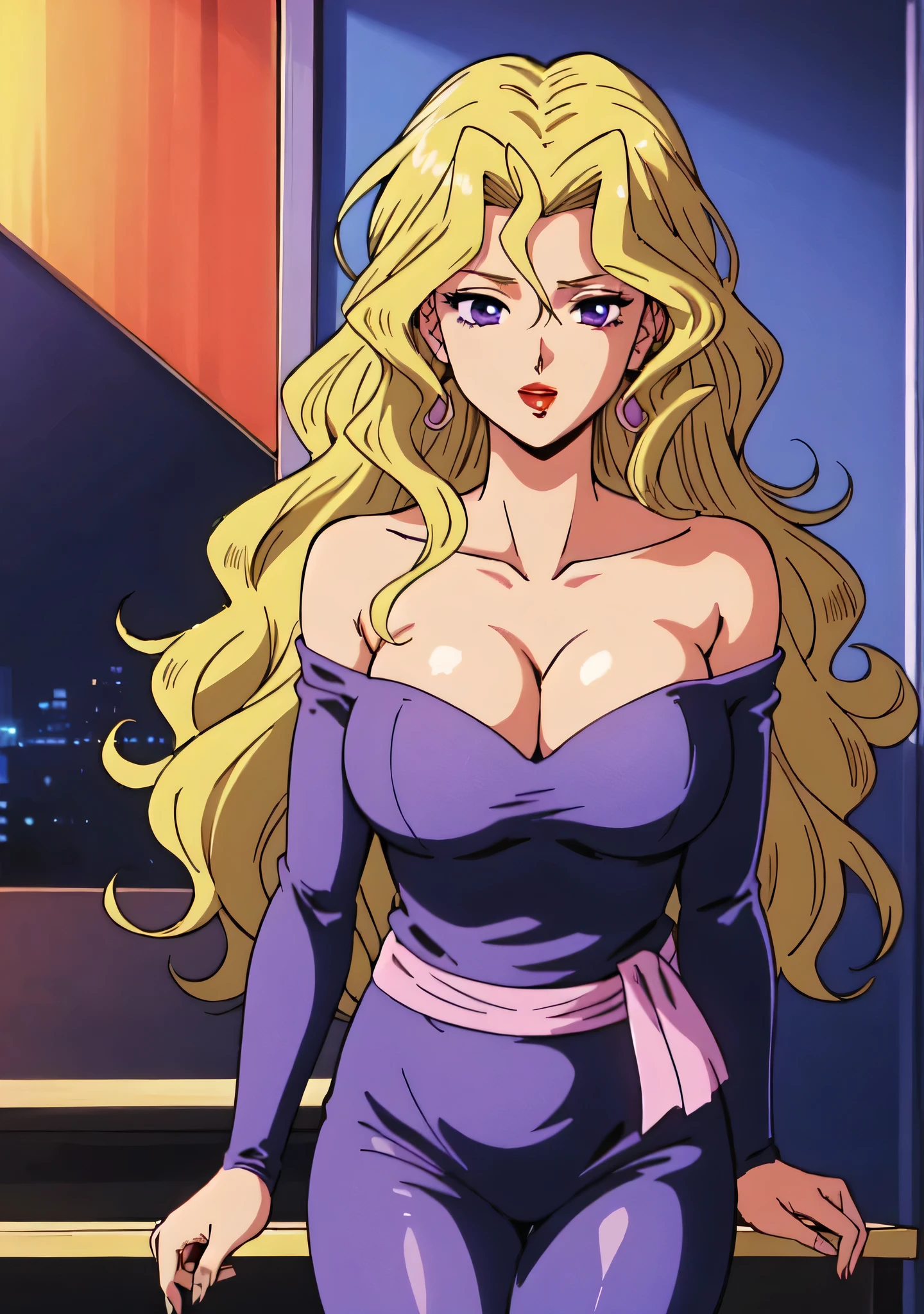 masterpiece、Highest quality、Anime Women、solo、Watching the audience、laugh at、Long Hair、bionde、eyelash、lipstick、Purple Eyes、Wavy Hair、Big Breasts、A woman with very large breasts、collarbone、Purple bodysuit、Off the shoulder、Long sleeve、Pink sash、