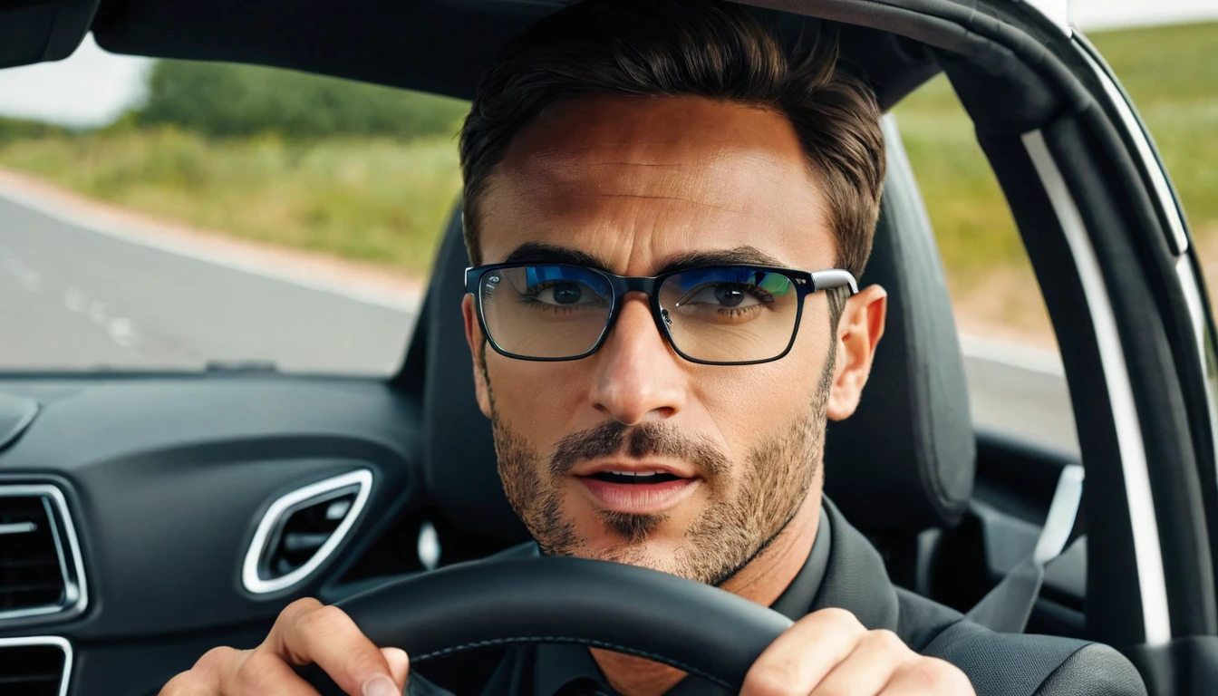 score_9, score_8_up, score_7_up, source_photo, photography, photorealistic, detailed, rating safe, front view, close up, renault megane, driver is wearing glasses, looking at viewer, masterpiece, best quality, 8k,