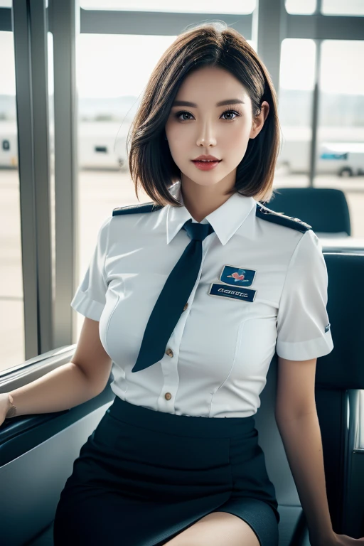 (A beautiful flight attendant, 28yo lady, wearing neat air-stewardess uniform, short-sleeve white collar-shirt with gentle buttons, blue pencil skirt, photorealistic, 8k, masterpiece, beautiful detailed facial features, symmetrical eyes, ample round bosom, short hair ponytail, perfect body proportions, looking at the viewer, chilling in cosy airport resting_lounge, front-facing view, long legs, (best quality,4k,8k,highres,masterpiece:1.2),ultra-detailed,(realistic,photorealistic,photo-realistic:1.37), the Cowboy shot, cool atmosphere, bokeh background)