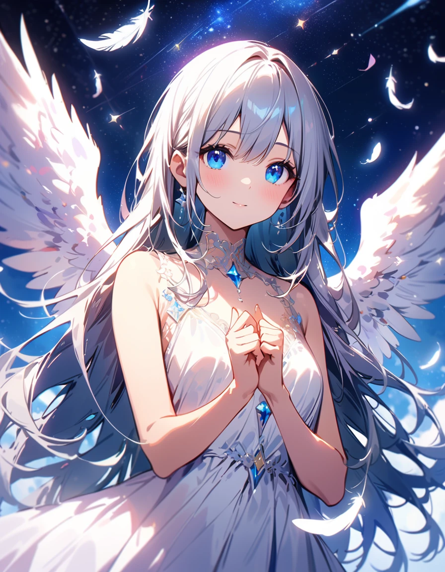 (best quality:1.2),(hands finger 5 digits:1.3),(extremely delicate and beautiful:1.3),(detailed ultra detailed:1.2),(scenery clear details:1.2),(scenery crystal clear :1.2),(solo),(blue eyes),(long white long hair),(white dress),(angel wings),(floating white feathers,starry sky),(clusters of stars,starry sky),(glinting stars),(solo),(long silver long hair),(best quality:1.2),(hands finger 5 digits:1.3),(extremely delicate and beautiful:1.3),(detailed ultra detailed:1.2),(scenery clear details:1.2),