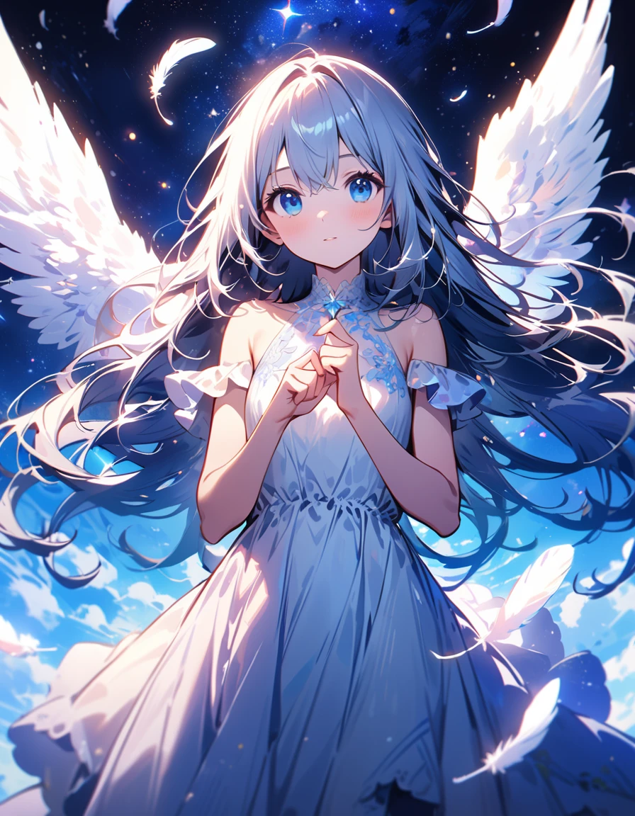 (best quality:1.2),(hands finger 5 digits:1.3),(extremely delicate and beautiful:1.3),(detailed ultra detailed:1.2),(scenery clear details:1.2),(scenery crystal clear :1.2),(solo),(blue eyes),(long white long hair),(white dress),(angel wings),(floating white feathers,starry sky),(clusters of stars,starry sky),(glinting stars),(solo),(long silver long hair),(best quality:1.2),(hands finger 5 digits:1.3),(extremely delicate and beautiful:1.3),(detailed ultra detailed:1.2),(scenery clear details:1.2),