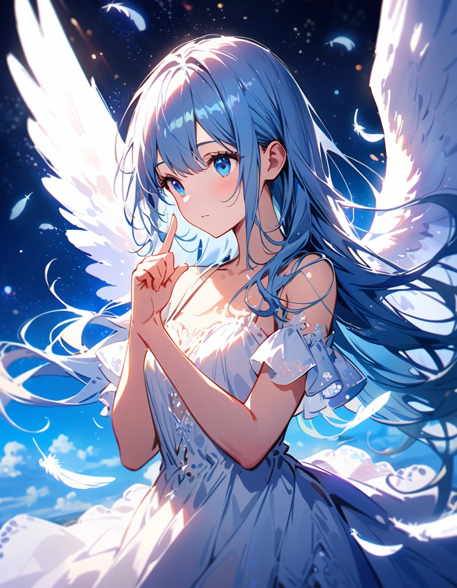 (best quality:1.2),(hands finger 5 digits:1.3),(extremely delicate and beautiful:1.3),(detailed ultra detailed:1.2),(scenery clear details:1.2),(scenery crystal clear :1.2),(solo),(blue eyes),(long white long hair),(white dress),(angel wings),(floating white feathers,starry sky),(clusters of stars,starry sky),(glinting stars),(solo),(long silver long hair),(best quality:1.2),(hands finger 5 digits:1.3),(extremely delicate and beautiful:1.3),(detailed ultra detailed:1.2),(scenery clear details:1.2),