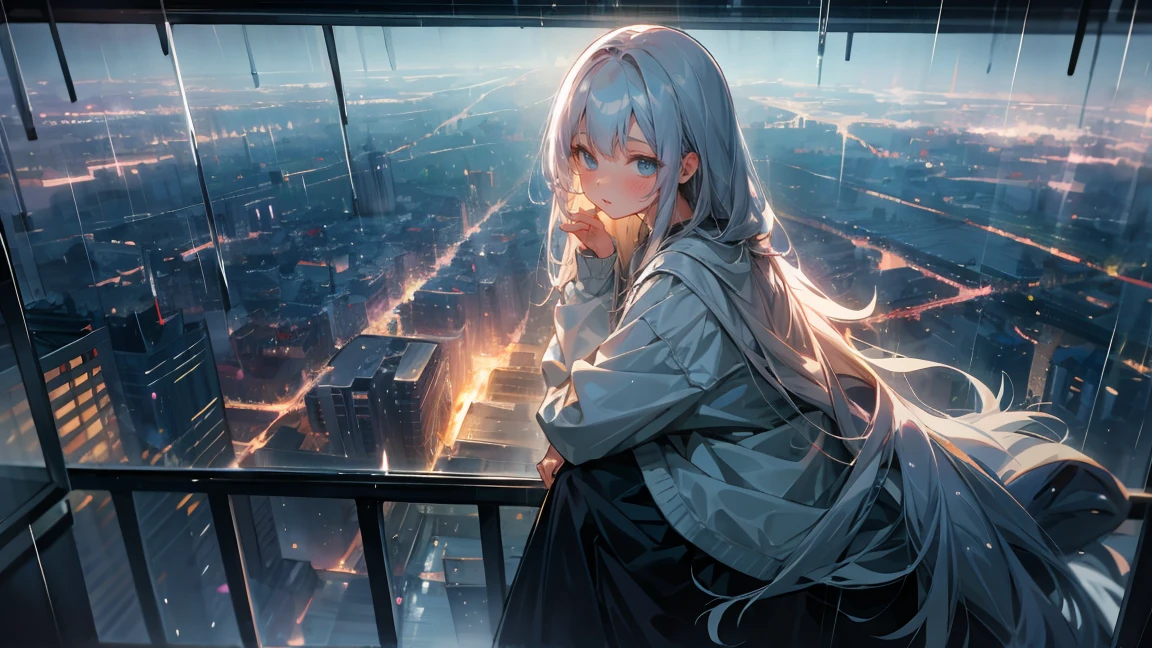 A young girl with long hair, leaning on her hand, gazes out the window at a rain-soaked city below. The scene is serene and ethereal, with a soft, dreamlike quality enveloping the cityscape.