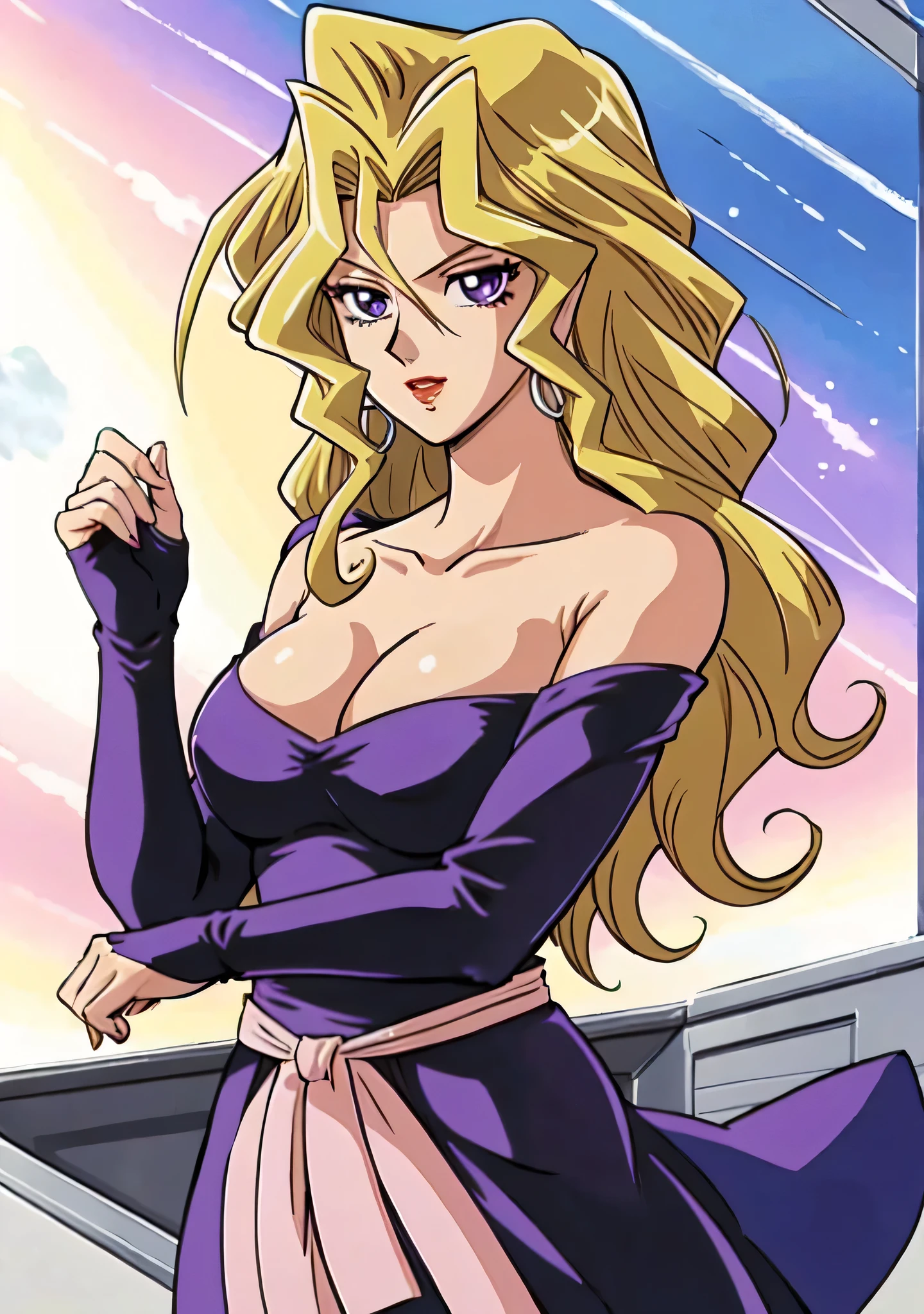 masterpiece、Highest quality、Anime Women、solo、Watching the audience、laugh at、Long Hair、bionde、eyelash、lipstick、Purple Eyes、Wavy Hair、Big Breasts、A woman with very large breasts、collarbone、Purple bodysuit、Off the shoulder、Long sleeve、Pink sash、