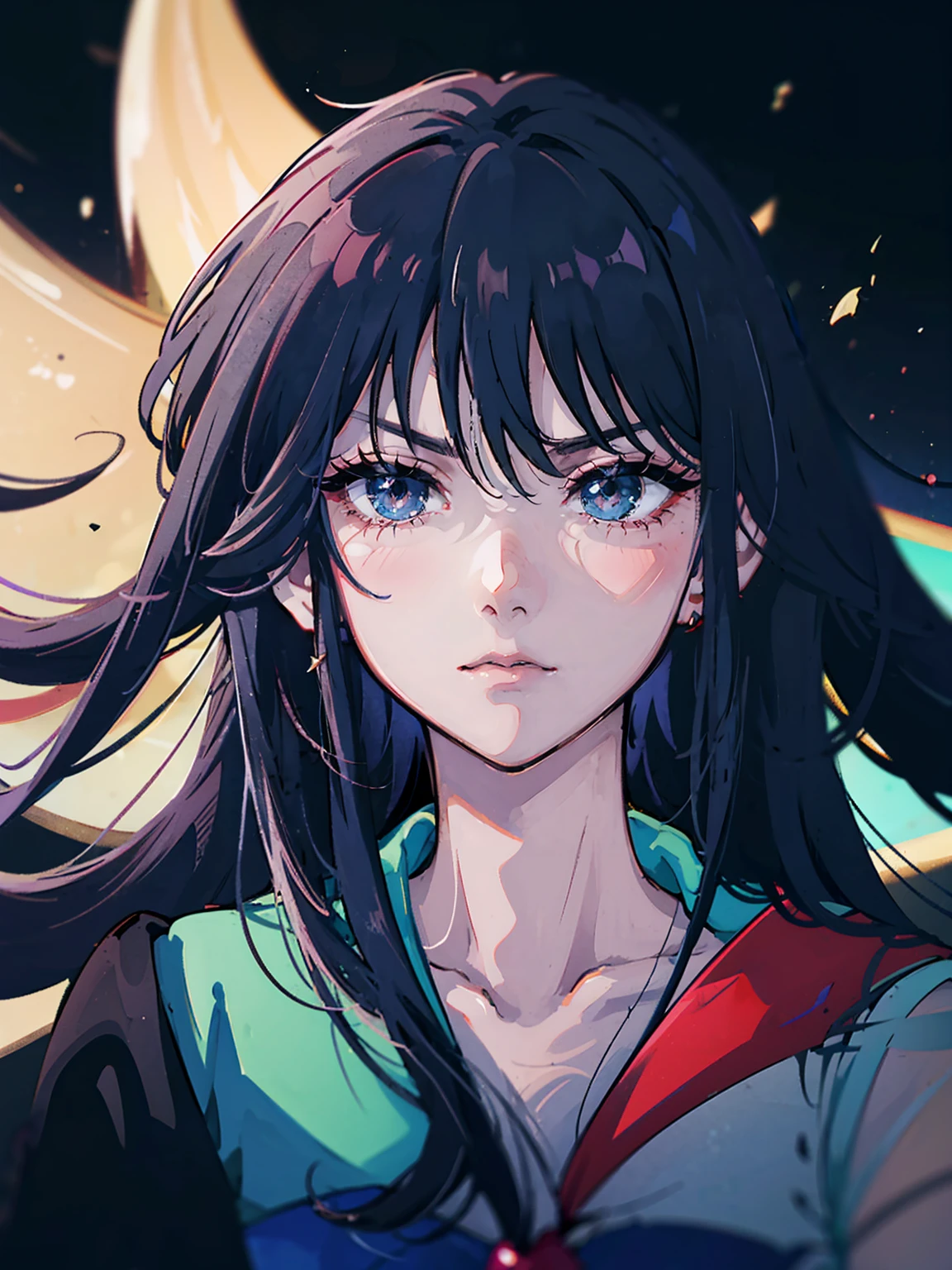 dark, masterpiece, Highest quality, 8K、Sailor Mars, (Unhealthy face:1.9, Dark Eyes:1.5, Dark circles under the eyes, Yandere:1.5, Unhappy face, Lifeless face), Long hair in the eyes, Long Bangs, Eyes through the bangs, Big eyes, Turquoise Eyes, Bust Shot, Dark atmosphere Red collar