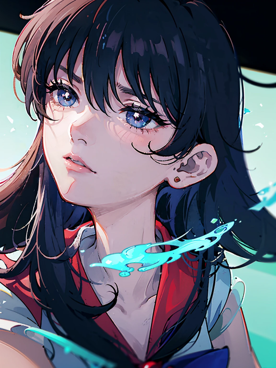 dark, masterpiece, Highest quality, 8K、Sailor Mars, (Unhealthy face:1.9, Dark Eyes:1.5, Dark circles under the eyes, Yandere:1.5, Unhappy face, Lifeless face), Long hair in the eyes, Long Bangs, Eyes through the bangs, Big eyes,　Turquoise Eyes, Bust Shot, Dark atmosphere Red collar
