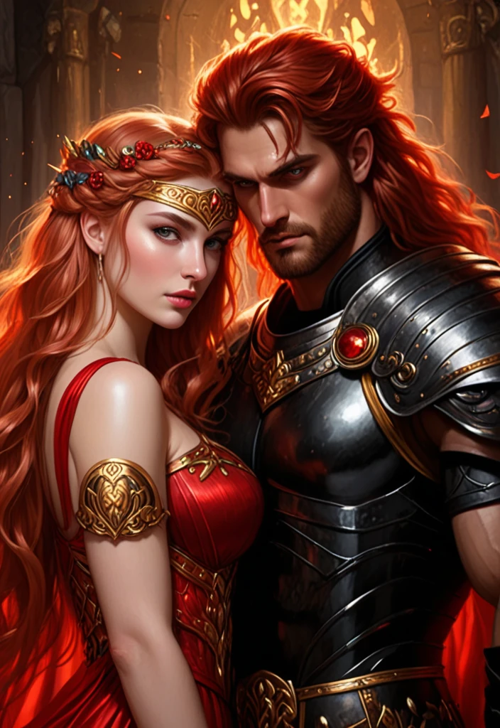Pastel drawing Persephone and Hades Portrait, Love in Darkness , Greek Mythology goddess of wisdom, courage, skill and strategic warfare Warrior dressed as a warrior with Armor Art Print Greek Mythology style of Exotic Style Paul Kenton style , red head man , golden hair woman
