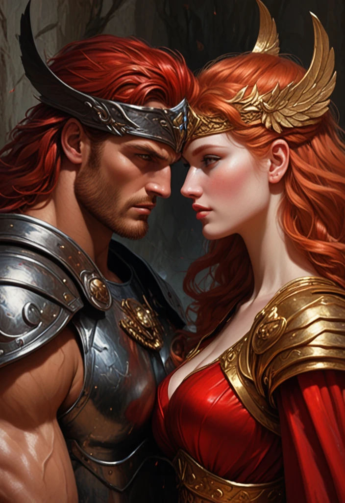 Pastel drawing Persephone and Hades Portrait, Love in Darkness , Greek Mythology goddess of wisdom, courage, skill and strategic warfare Warrior dressed as a warrior with Armor Art Print Greek Mythology style of Exotic Style Paul Kenton style , red head man , golden hair woman