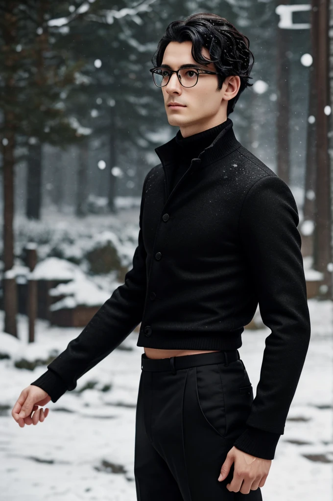 young man with black wavy hair and yellow eyes. He wears thin-rimmed glasses and has a pale, slender face with delicate features., including a straight nose and thin lips. His expression is serious and distant. He is dressed in a black jacket with fine geometric details over a red turtleneck.. He also has a pair of large, black wings with detailed feathers that extend from his back.. The background should be a simple beige color to highlight the character. snow scenery background.