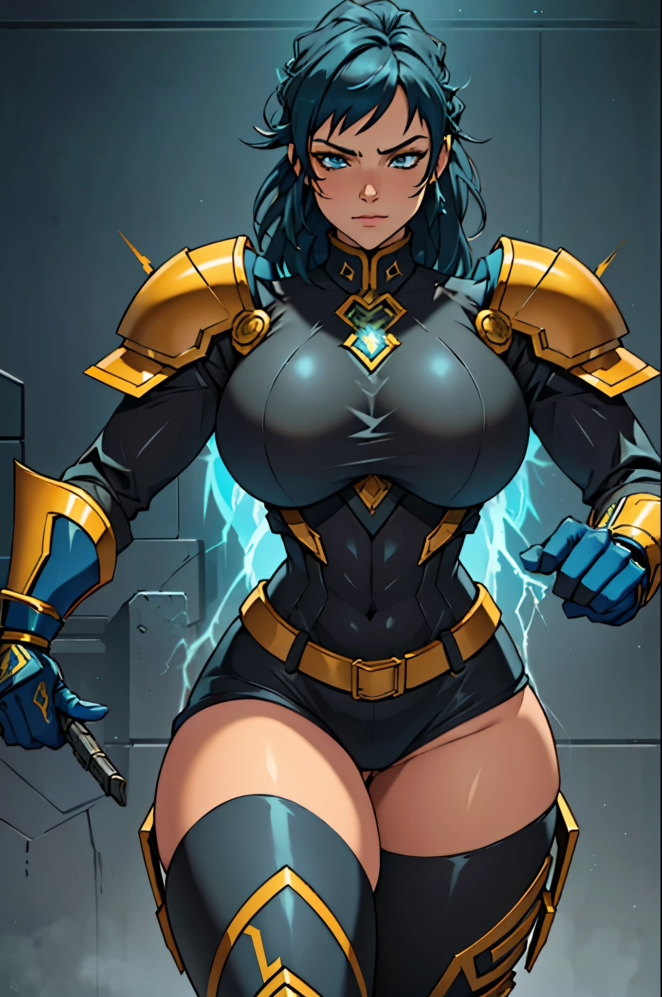 4K, work of art, high resolution, absurderes,, edgThunderstruck, a woman with a blue and gold armors ,usando edgThunderstruck_armors, electrified, heavy thunder,  