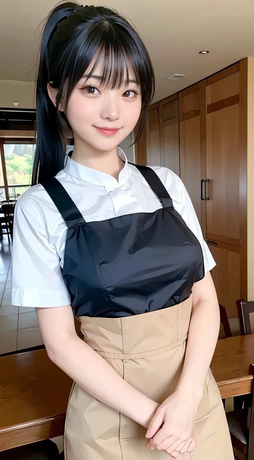 (Highest quality,masterpiece:1.3,Ultra-high resolution,),(Very detailed,Caustics),(Realistic:1.4,RAW shooting,)Ultra-Realistic Capture,Very detailed,High resolution 16k human skin closeup。 Natural skin texture、,pores、、、、It must be detailed enough to be easily identifiable。 Skin tone is even and healthy looking。 Use natural light and color,restaurant,Waitress Uniform,1 girl,Japanese,18-year-old,cute,Black-haired,ponytail,Big Breasts,smile,Turn your body forward,(Front view:1.1),Looking into the camera,Cowboy Shot,