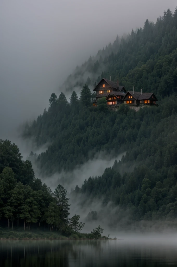 A village in the middle of the forest by a lake, shrouded in thick fog late at night, looking terrifying.