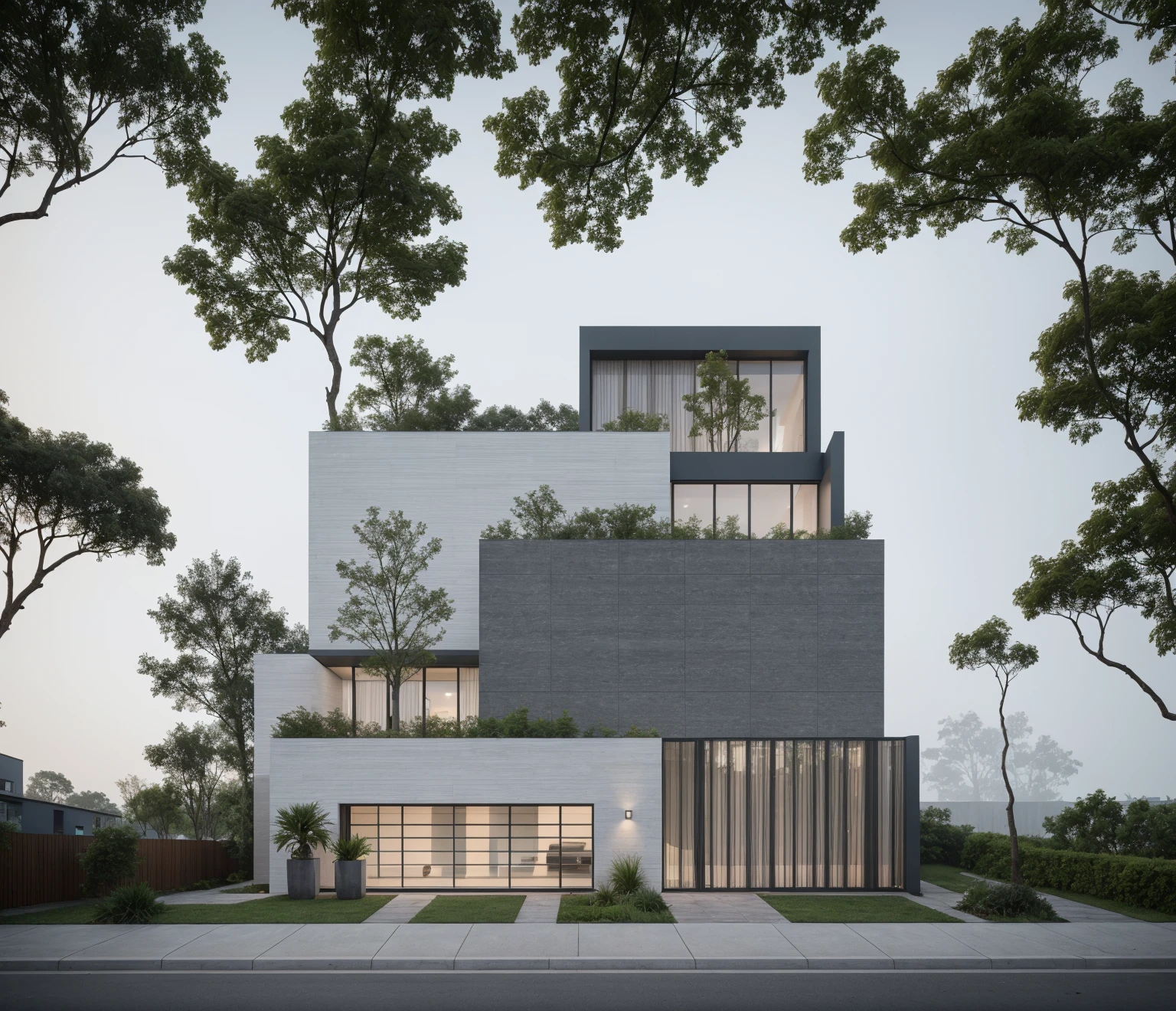 RAW photo, Exterior of two story white modern house, road, ((sidewalk)), ((sidewalk trees)), residences area, dawn time, overcast, fog, tropical trees and plants, (high detailed:1.2), 8k uhd, dslr, soft lighting, high quality, film grain, Fujifilm XT3, (sharpen:1.5)