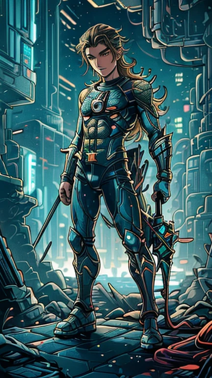 best quality,masterpiece,1boy,solo,(((13years old))),japanese boy,an extremely cute and handsome boy,highly detailed beautiful face and eyes,petit,cute face,lovely face,baby face,shy smile,show teeth, Blonde hair,Long hair,flat chest,skinny,slender,(((wearing a Aquaman costume))),(((heroic pose in Dark Midnight Neon Glow light Cyberpunk metropolis city))),he is looking at the viewer,