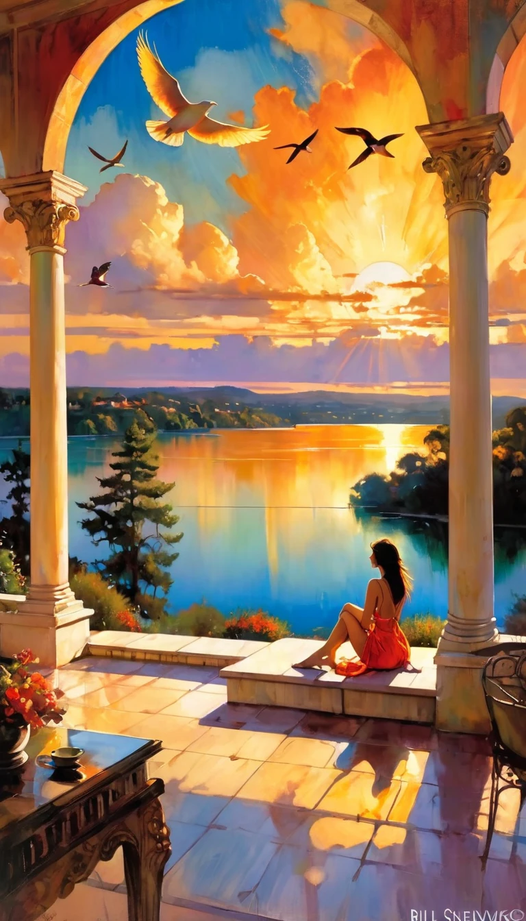 large open terrace overlooking a beautiful lake with dream houses, a sexy girl relaxes on the terrace, landscape, clouds, birds, sunset (art inspired by Bill Sienkiewicz). oil painting)