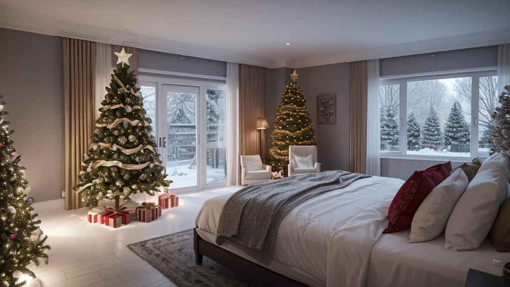 Arav view of bedroom with Christmas tree and Xmas tree, Christmas Eve, snowy winter Christmas Eve, 8k Landscape Rendering, 8k hdr octane render, Night Rendering, 8K scene, Festive atmosphere, vray 8k rendering, 8k vray rendering, Realistic and lifelike images, V-Ray 8K Ultra HD Rendering, Luxurious HD rendering
