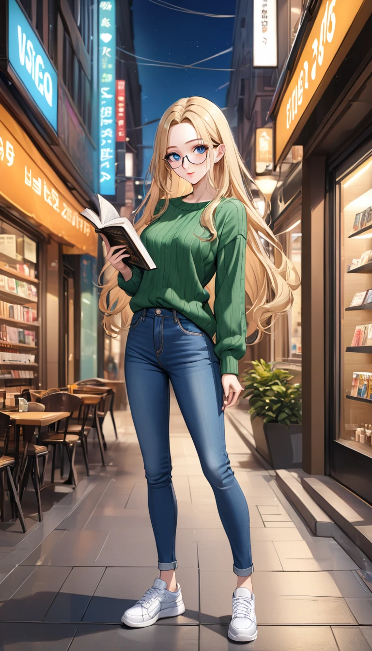 ((best quality, masterpiece:1.3, 8K)), (detailed), highly detailed face and skin texture, detailed eyes, downtown, full body, seductive pose, standing, slender body, 1girl, 25 years old, white skin, blue eyes, bright lips, seductive smile, blond hair, straight hair, long hair, (forehead:1.0), blue eyes, reading glasses, green sweater, jeans pants, skinny jeans, blue jeans, white sneakers,