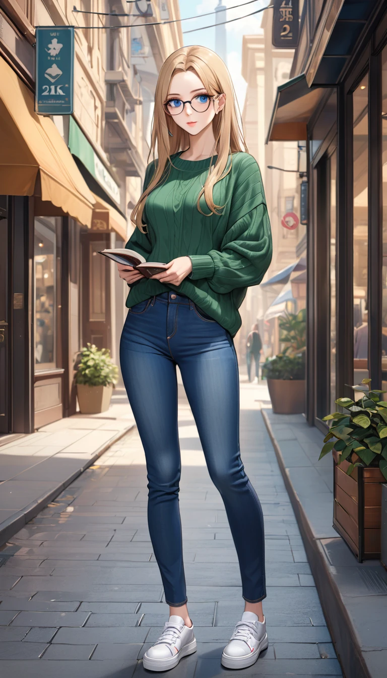 ((best quality, masterpiece:1.3, 8K)), (detailed), highly detailed face and skin texture, detailed eyes, downtown, full body, seductive pose, standing, slender body, 1girl, 25 years old, white skin, blue eyes, bright lips, seductive smile, blond hair, straight hair, long hair, (forehead:1.0), blue eyes, reading glasses, green sweater, jeans pants, skinny jeans, blue jeans, white sneakers,