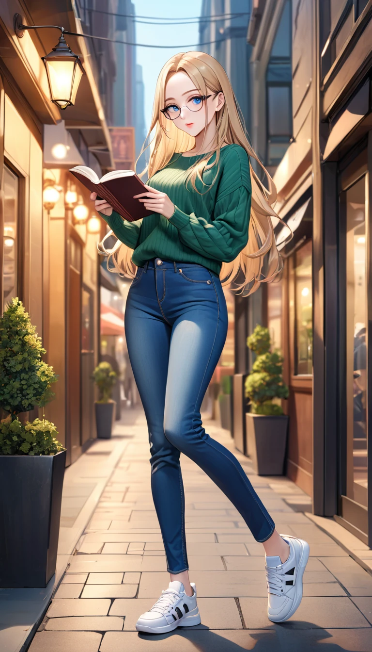 ((best quality, masterpiece:1.3, 8K)), (detailed), highly detailed face and skin texture, detailed eyes, downtown, full body, seductive pose, standing, slender body, 1girl, 25 years old, white skin, blue eyes, bright lips, seductive smile, blond hair, straight hair, long hair, (forehead:1.0), blue eyes, reading glasses, green sweater, jeans pants, skinny jeans, blue jeans, white sneakers,