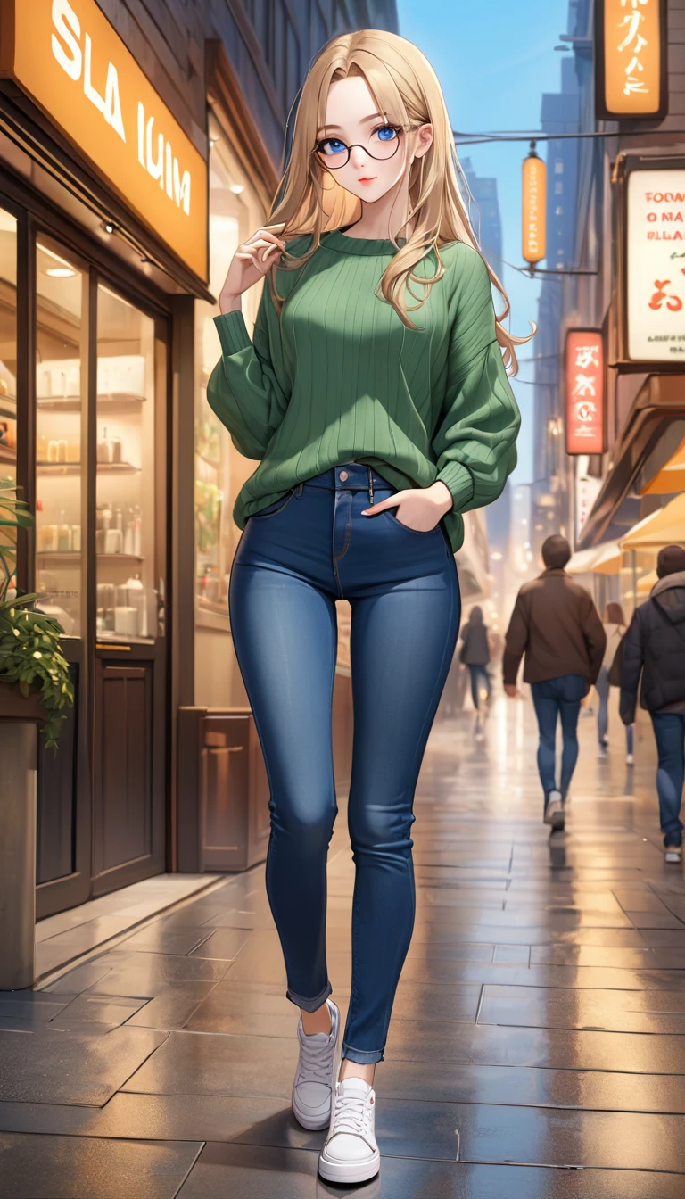 ((best quality, masterpiece:1.3, 8K)), (detailed), highly detailed face and skin texture, detailed eyes, downtown, full body, seductive pose, standing, slender body, 1girl, 25 years old, white skin, blue eyes, bright lips, seductive smile, blond hair, straight hair, long hair, (forehead:1.0), blue eyes, reading glasses, green sweater, jeans pants, skinny jeans, blue jeans, white sneakers,