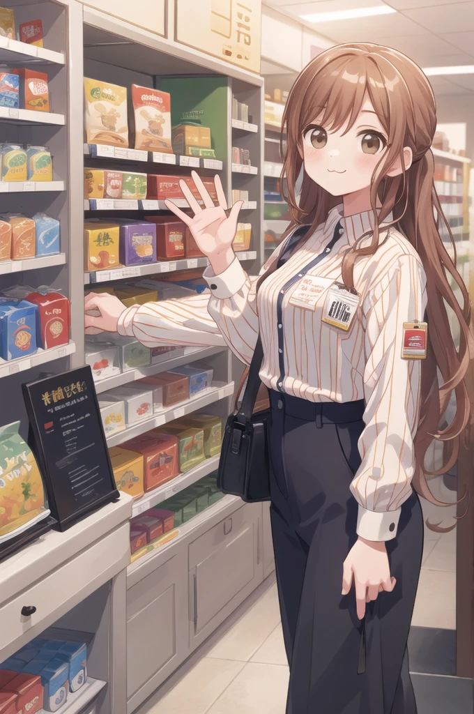 masterpiece, best quality, ultra-detailed, illustration,
konbini, scenery, shop, indoors, LAWSONU, employee uniform, uniform, shop, convenience store, uniform, realistic, employee uniform, striped shirt, smile, striped, food, 1boy, indoors, shirt, id card "la toxica", vertical stripes, 1girl, holding, long hair black, name tag, vertical-striped shirt, (:3:1)
medium breasts, brown eyes, brown eyes, waving
 [ponytail:0.5]