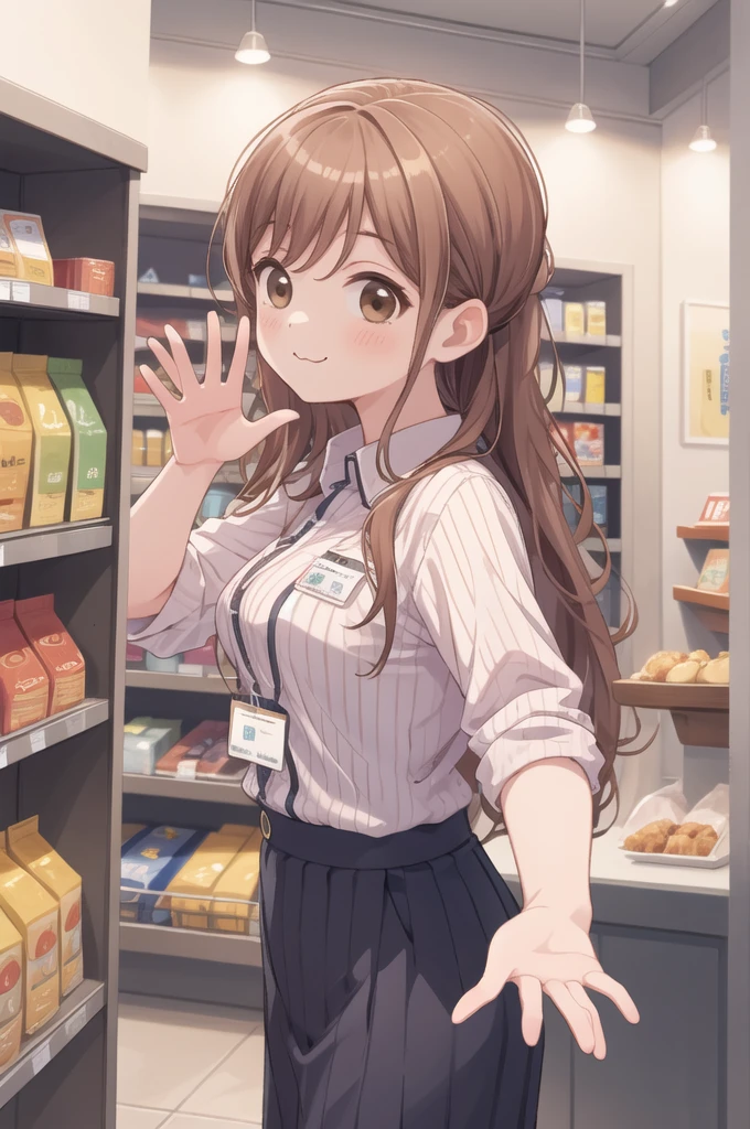 masterpiece, best quality, ultra-detailed, illustration,
konbini, scenery, shop, indoors, LAWSONU, employee uniform, uniform, shop, convenience store, uniform, realistic, employee uniform, striped shirt, smile, striped, food, 1boy, indoors, shirt, id card "la toxica", vertical stripes, 1girl, holding, long hair black, name tag, vertical-striped shirt, (:3:1)
medium breasts, brown eyes, brown eyes, waving
 [ponytail:0.5]