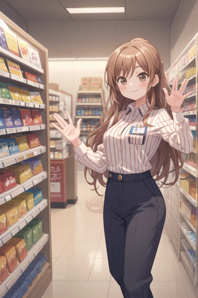 masterpiece, best quality, ultra-detailed, illustration,
konbini, scenery, shop, indoors, LAWSONU, employee uniform, uniform, shop, convenience store, uniform, realistic, employee uniform, striped shirt, smile, striped, food, 1boy, indoors, shirt, id card "la toxica", vertical stripes, 1girl, holding, long hair black, name tag, vertical-striped shirt, (:3:1)
medium breasts, brown eyes, brown eyes, waving
 [ponytail:0.5]