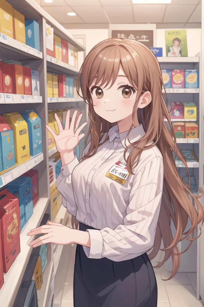 masterpiece, best quality, ultra-detailed, illustration,
konbini, scenery, shop, indoors, LAWSONU, employee uniform, uniform, shop, convenience store, uniform, realistic, employee uniform, striped shirt, smile, striped, food, 1boy, indoors, shirt, id card "la toxica", vertical stripes, 1girl, holding, long hair black, name tag, vertical-striped shirt, (:3:1)
medium breasts, brown eyes, brown eyes, waving
 [ponytail:0.5]