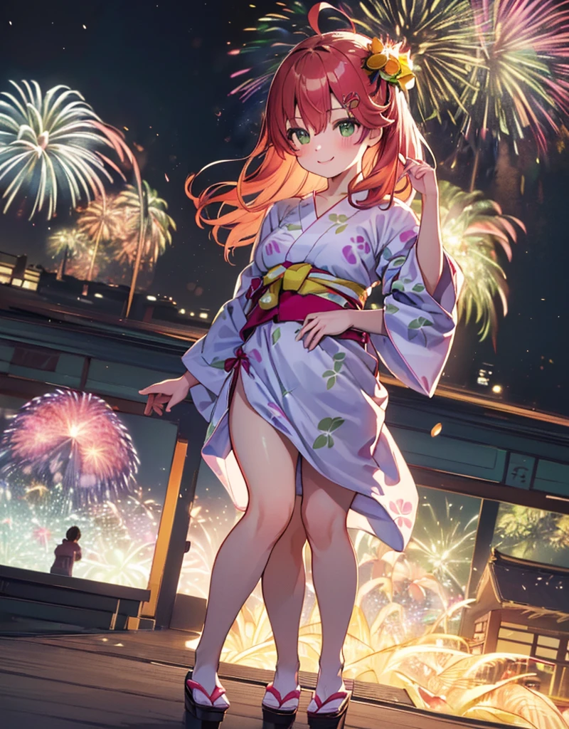 (masterpiece, Highest quality, Super detailed),One girl,((super fine illustration)),((cute eyes,highly detailed skin)),((smile)),((well endowed,Blessed,Captivating body、Detailed Background))、(yukata:1.5),firework,(大量のfirework,Night view,Ocean)、Festivals, (full body)