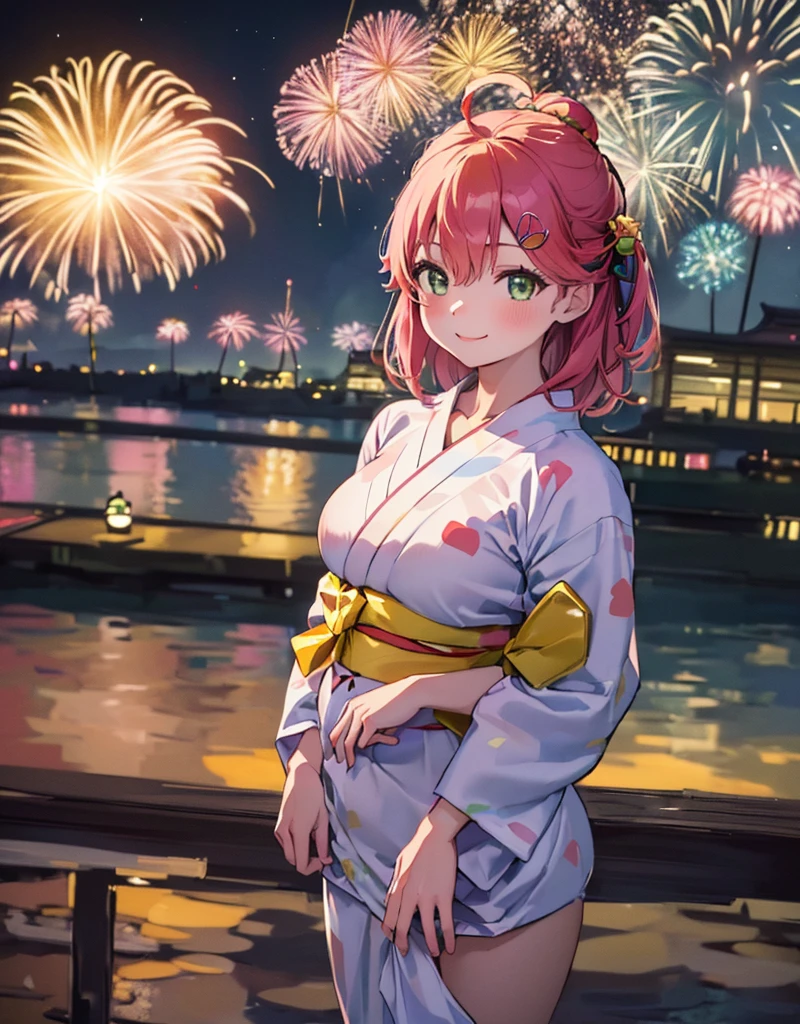 (masterpiece, Highest quality, Super detailed),One girl,((super fine illustration)),((cute eyes,highly detailed skin)),((smile)),((well endowed,Blessed,Captivating body、Detailed Background))、(yukata:1.5),firework,(大量のfirework,Night view,Ocean)、Festivals, (full body)