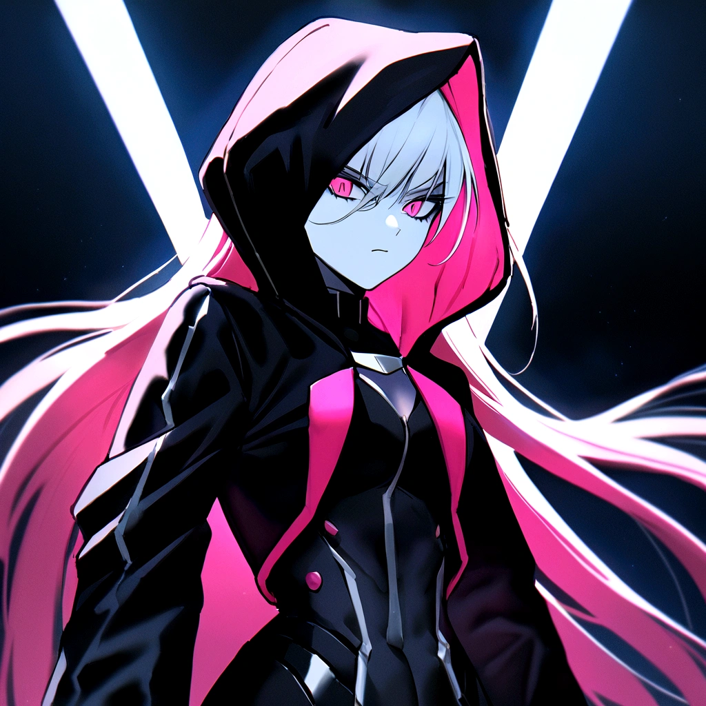 make me a female, 20 years old, white skin, white very long hair, she's looking evil, bright pink cat eyes, cyber clothes, black outfit, coat and hood, pink superpowers