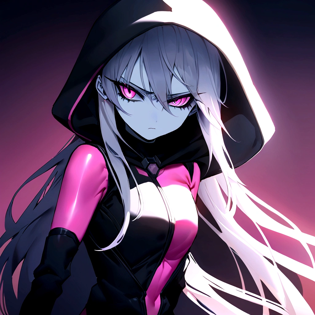 make me a female, 20 years old, white skin, white very long hair, she's looking evil, bright pink cat eyes, cyber clothes, black outfit, coat and hood, pink superpowers