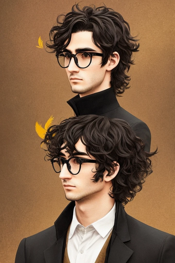young man with black wavy hair and yellow eyes. He wears thin-rimmed glasses and has a pale, slender face with delicate features., including a straight nose and thin lips. His expression is serious and distant. He is dressed in a black jacket with fine geometric details over a red turtleneck.. He also has a pair of large, black wings with detailed feathers that extend from his back.. The background should be a simple beige color to highlight the character. snow scenery background.